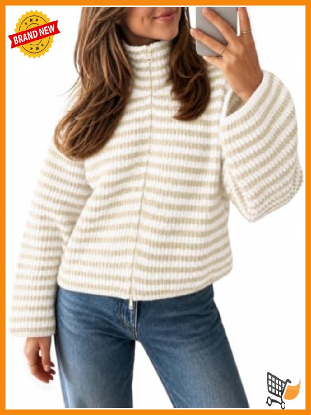 Womens Striped Zip Up Sweater Mock Neck Loose Fit Knit Cardigan